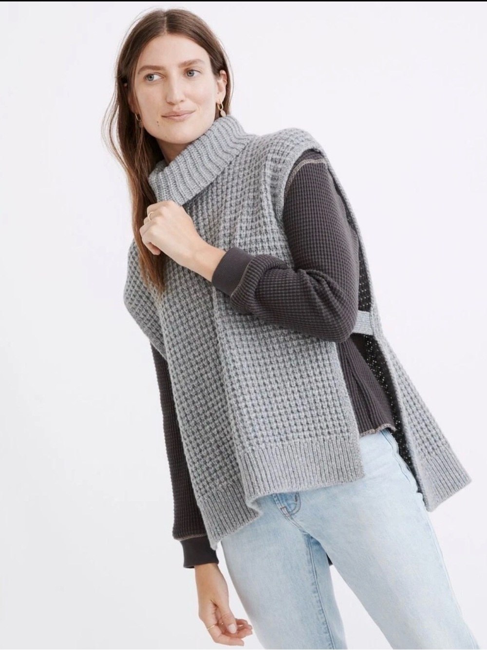 Madewell Bournville Waffle Sweater Vest Turtleneck Poncho Gray Women's L Wool